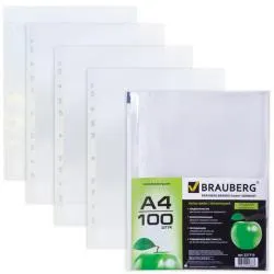 Папки-файлы перфорированные А4, BRAUBERG, комплект 100 шт., гладкие, "Яблоко" 35 мкм  раздела Папки и портфели